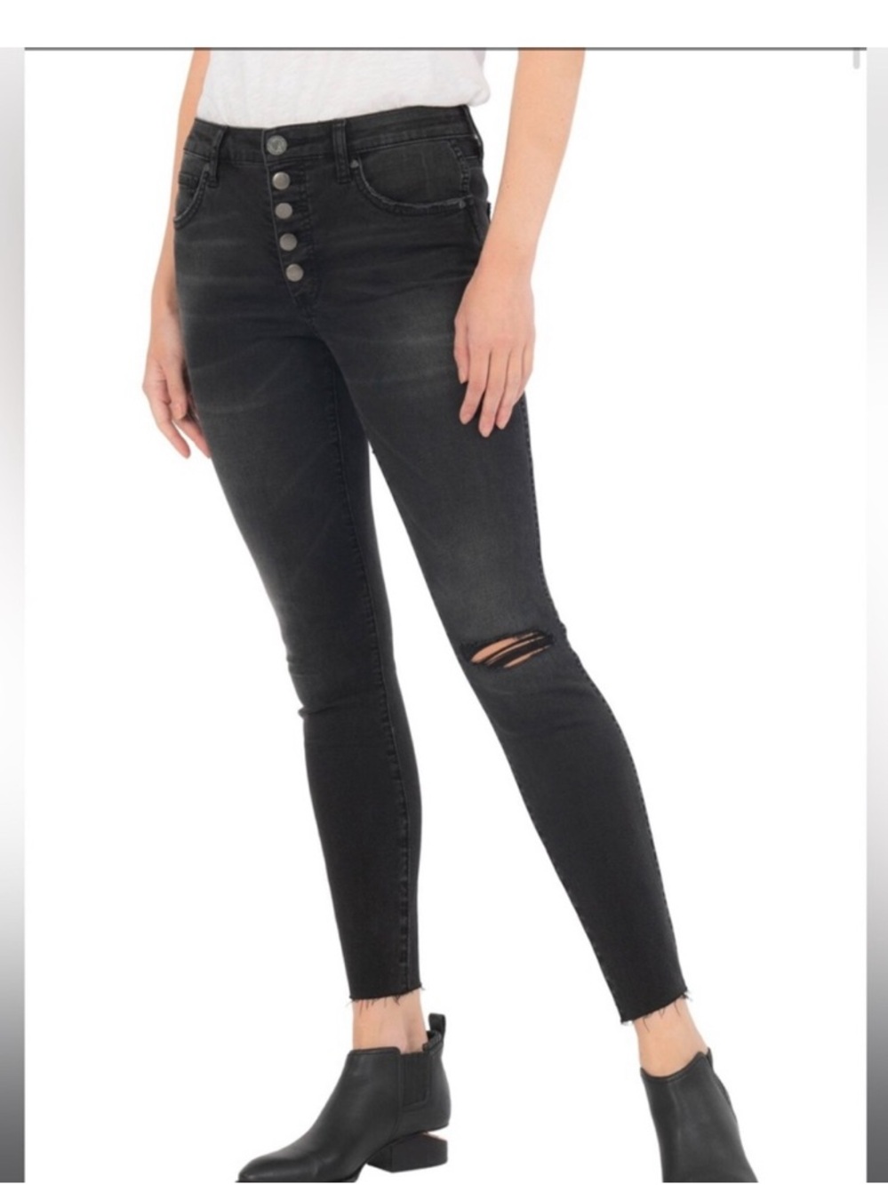 Kut from the Kloth Black High-Rise Rachael Button-Fly Raw Hem Distressed Jeans